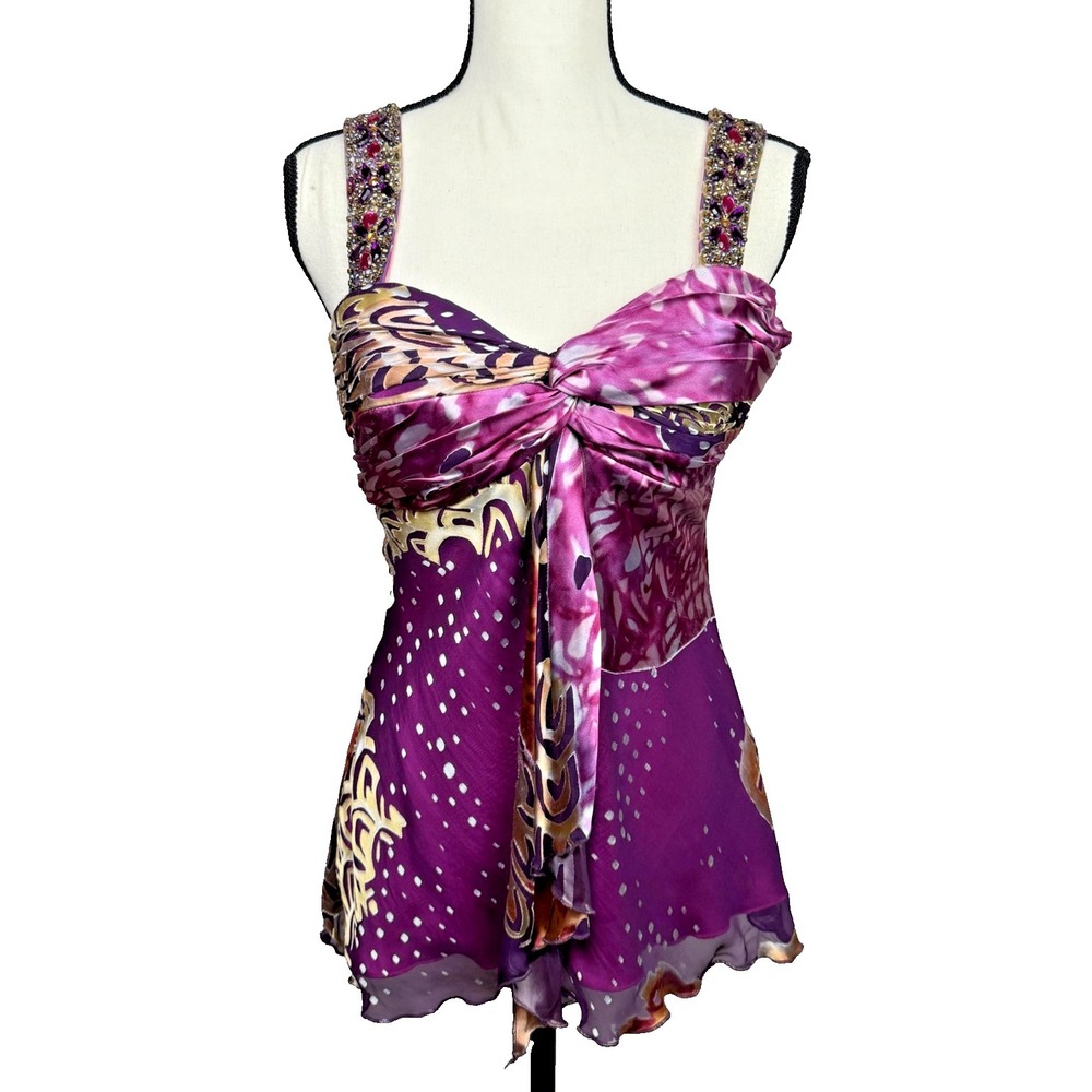 Vtg Cache Y2K Babydoll Top Womens 6 Purple Silk Rhinestone Cami Whimsigoth Fairy